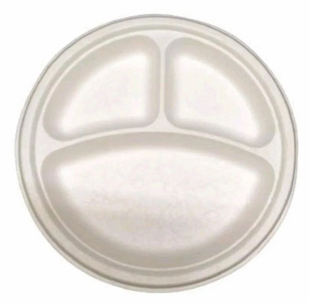 9 inch 3 Compartment Round Bagasse Disposable Plate
