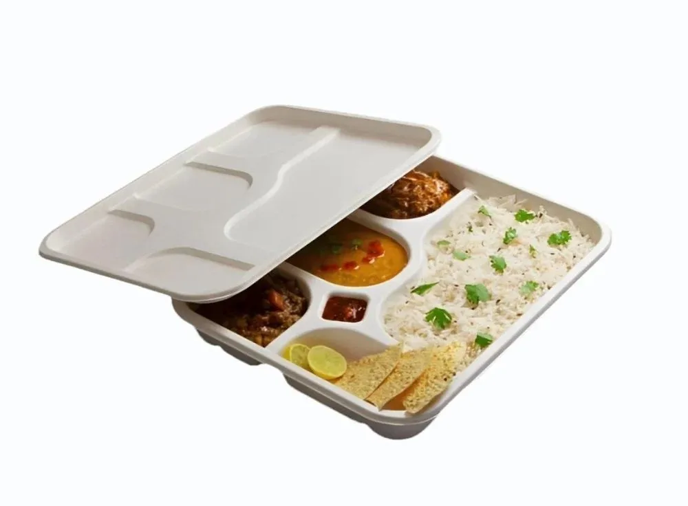 Biodegradable Bagasse 5cp Meal Tray With Lid